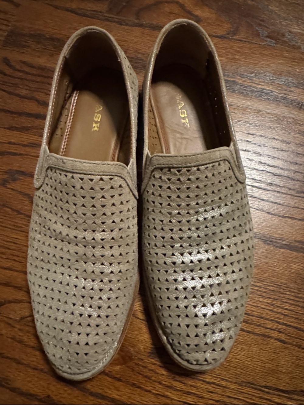 Trask Ali Women's Taupe Gold Perforated Suede Slip-On Loafers